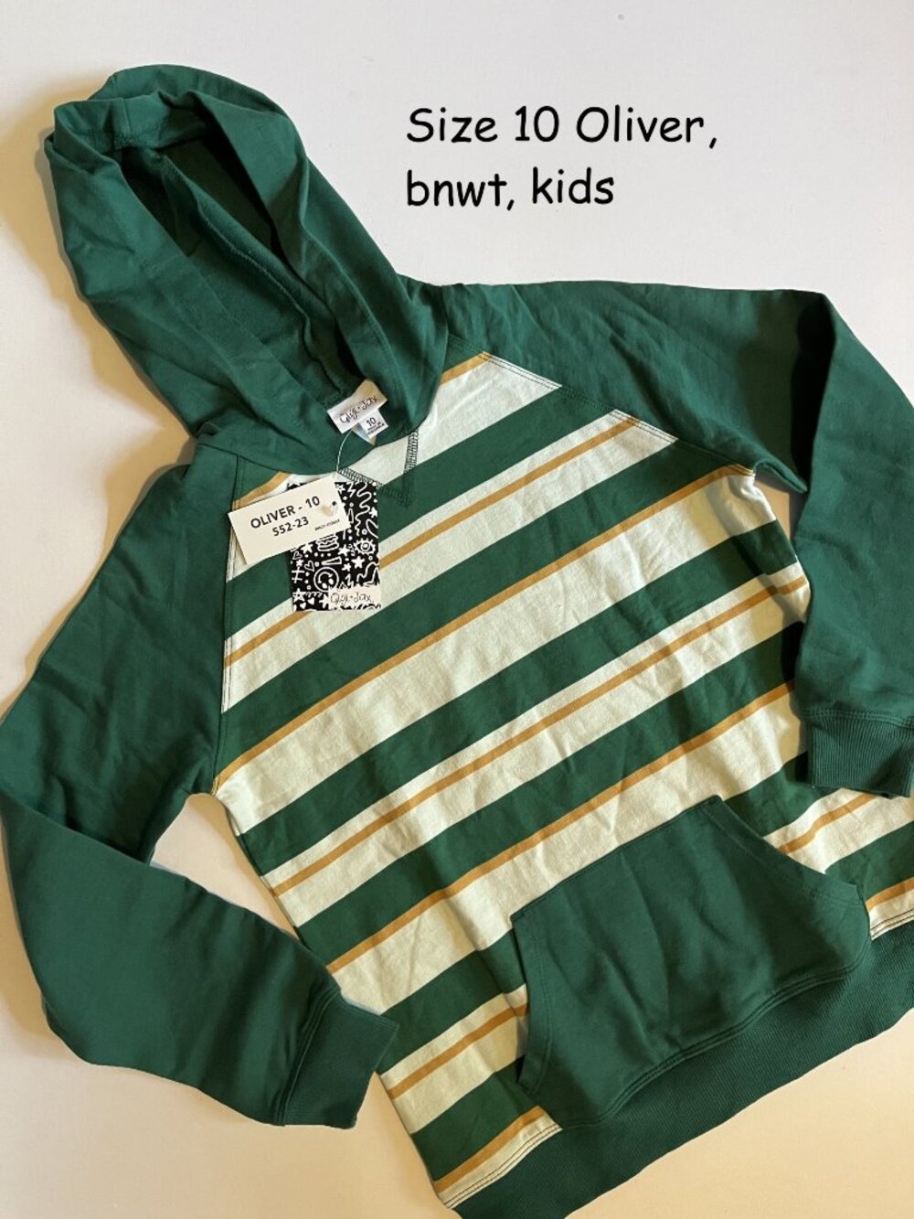 Size 10 Lularoe Gigi & Jax Kids hoodies, the Oliver, green white yellow stripes